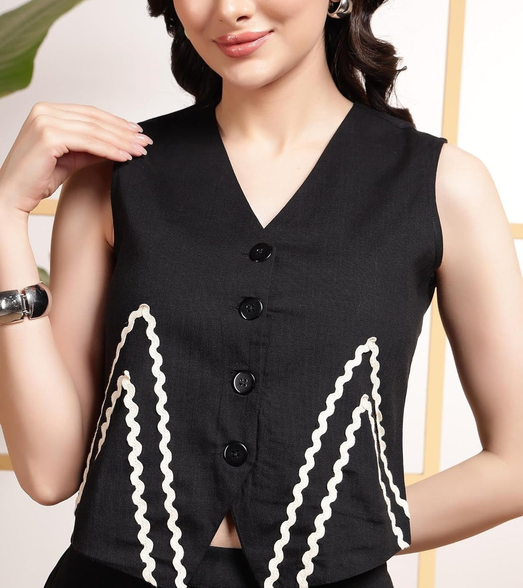 Black Indo Western Waist Coat With White Zigzag Lace Trousers Co-Ords Set