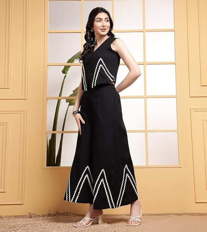 Black Indo Western Waist Coat With White Zigzag Lace Trousers Co-Ords Set
