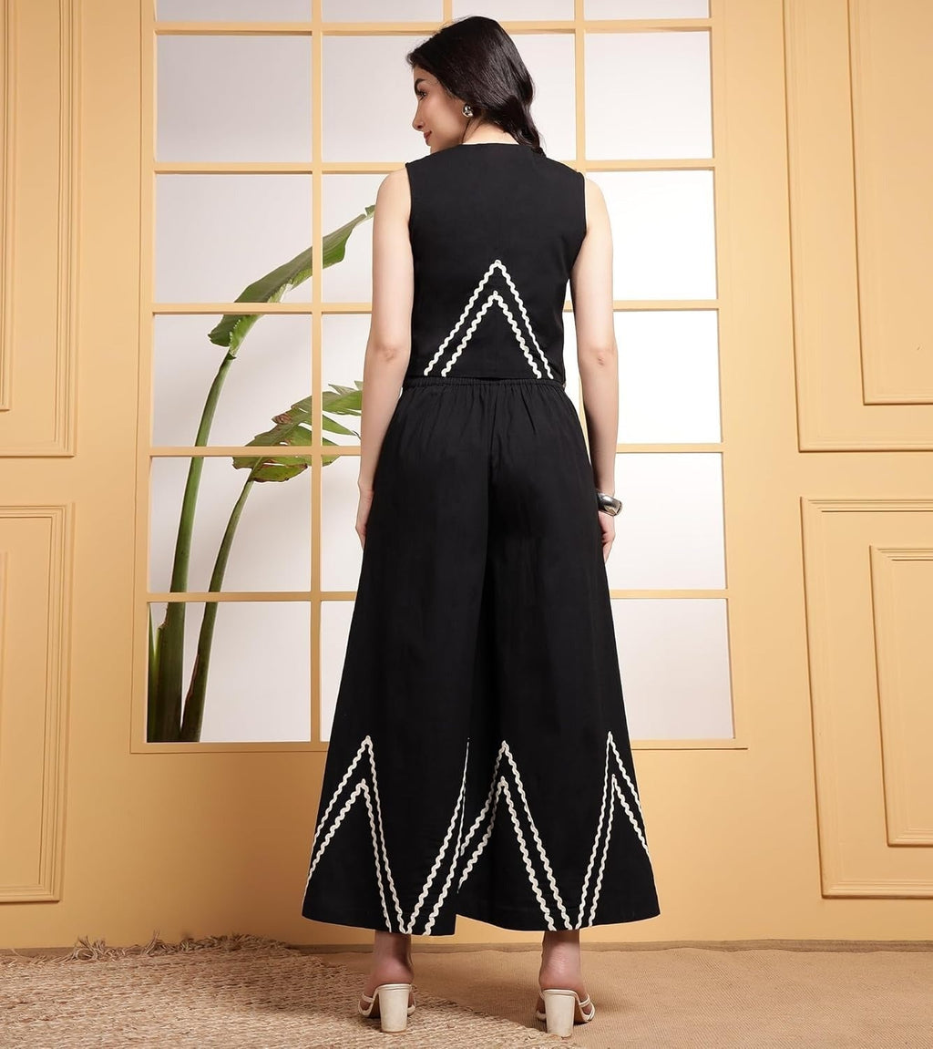 Black Indo Western Waist Coat With White Zigzag Lace Trousers Co-Ords Set