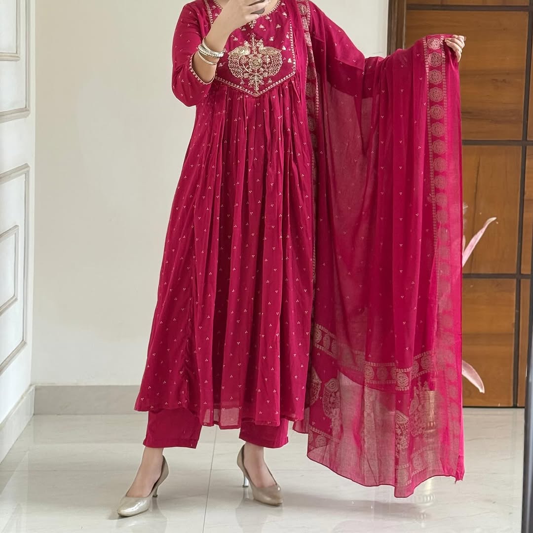 Beautiful  Cotton Suit With Embroidery Work Anarkali Kurta Dupatta  Set In New Colour