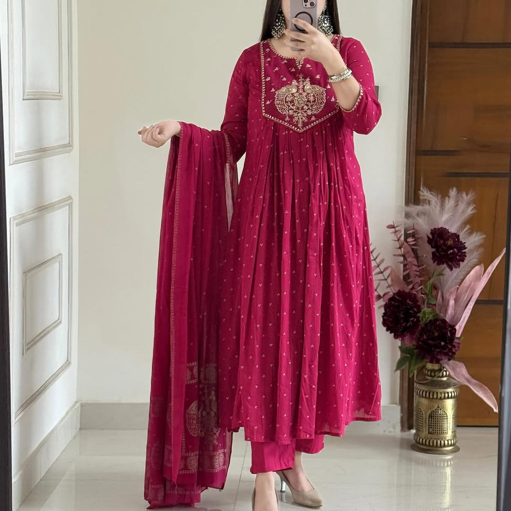 Beautiful  Cotton Suit With Embroidery Work Anarkali Kurta Dupatta  Set In New Colour