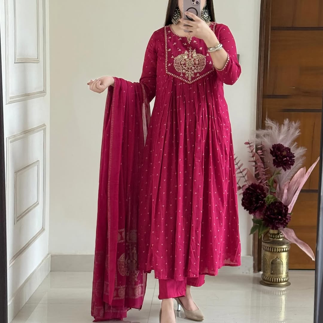 Beautiful  Cotton Suit With Embroidery Work Anarkali Kurta Dupatta  Set In New Colour