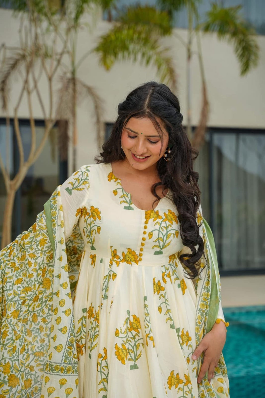 Women Floral Printed Anarkali Calf Length Kurta With Trousers & Dupatta Set