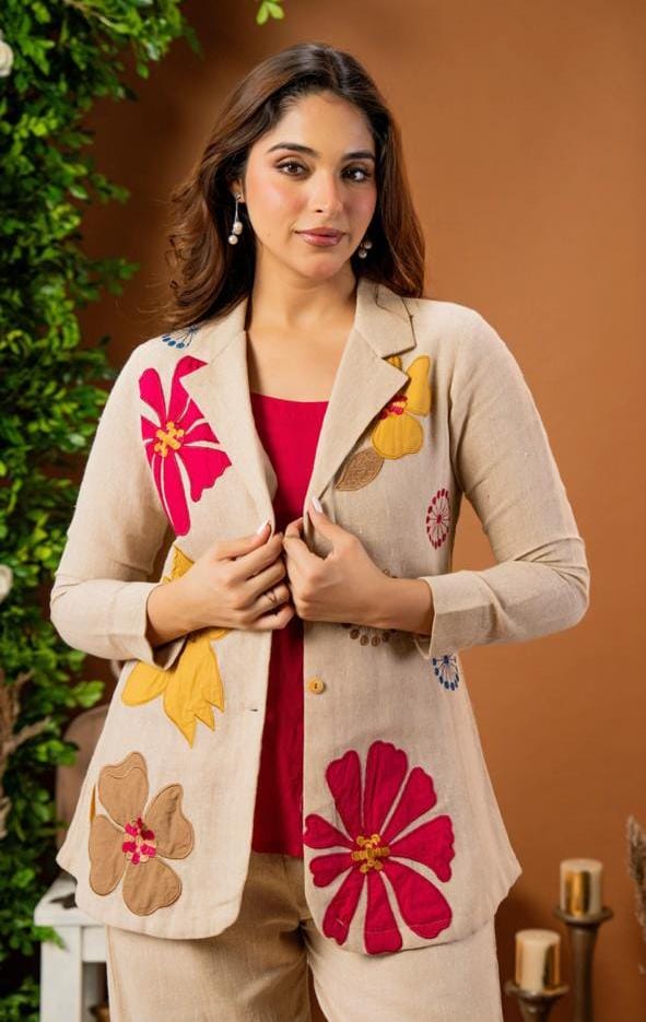 Pure Cotton Jute Appliqué Work Blazer Style Co-Ord Set In Beige