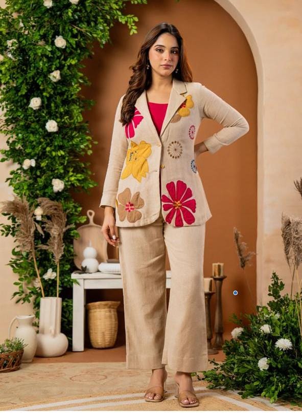 Pure Cotton Jute Appliqué Work Blazer Style Co-Ord Set In Beige