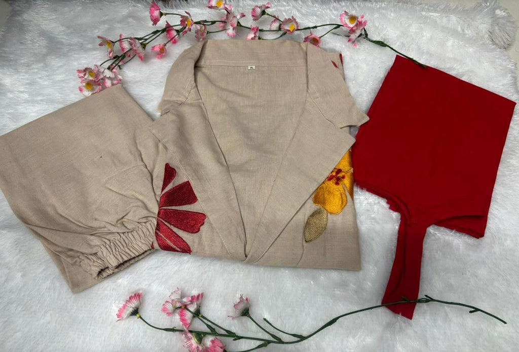 Pure Cotton Jute Appliqué Work Blazer Style Co-Ord Set In Beige