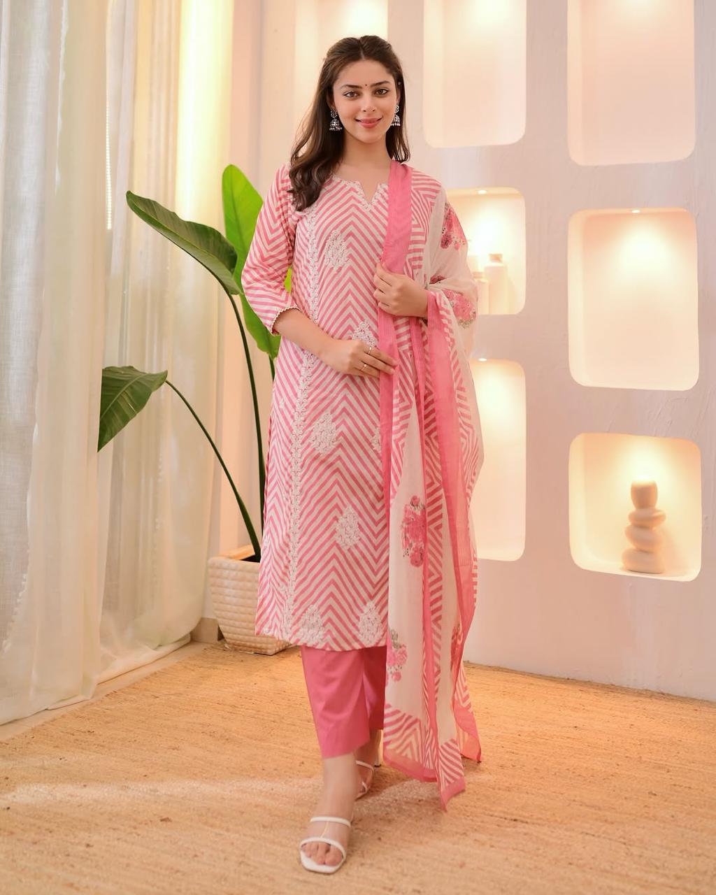 Ethnic Printed Pure Cotton Notch Neck Straight Kurta With Trousers & Dupatta