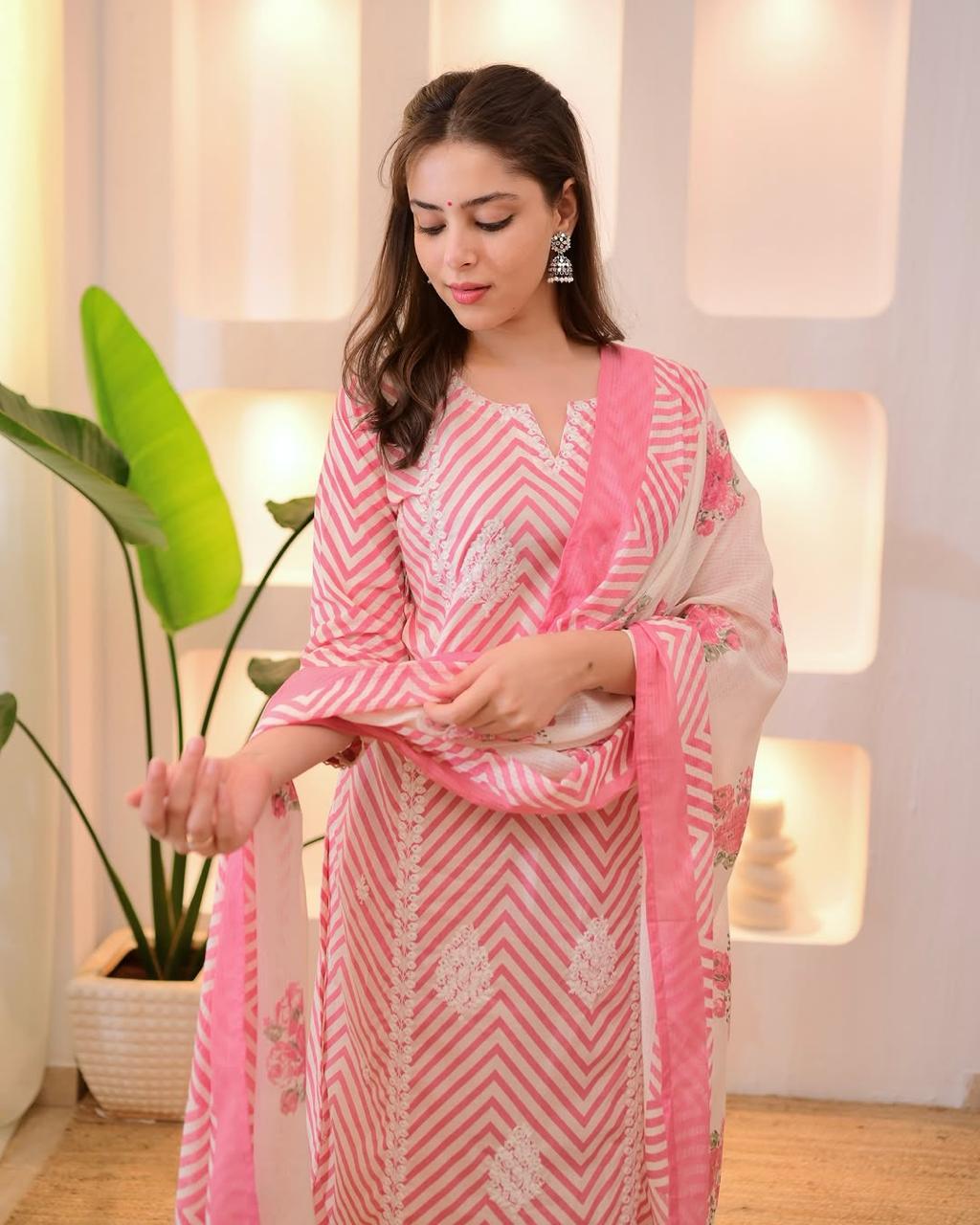 Ethnic Printed Pure Cotton Notch Neck Straight Kurta With Trousers & Dupatta