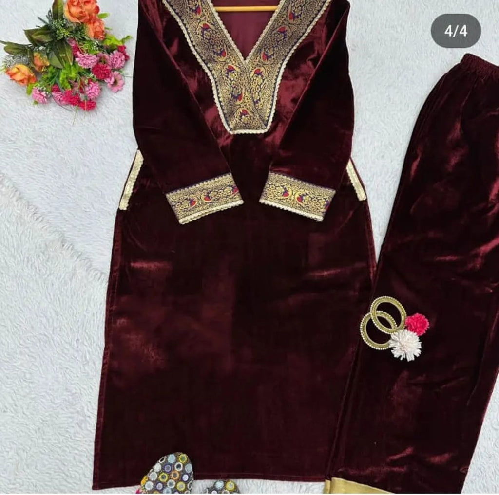 MAROON VELVET EMBROIDERY KURTI PANT SETS