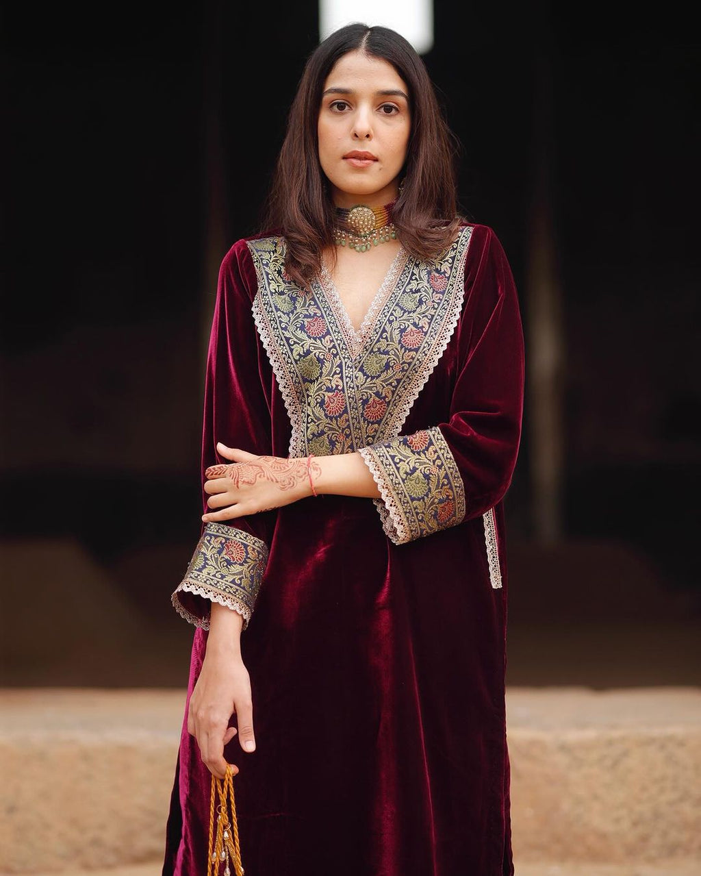 MAROON VELVET EMBROIDERY KURTI PANT SETS