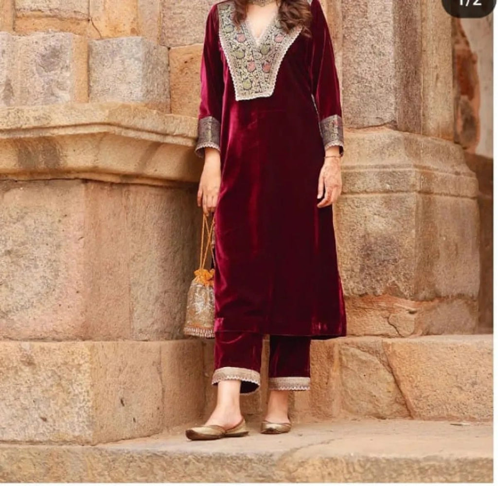 MAROON VELVET EMBROIDERY KURTI PANT SETS