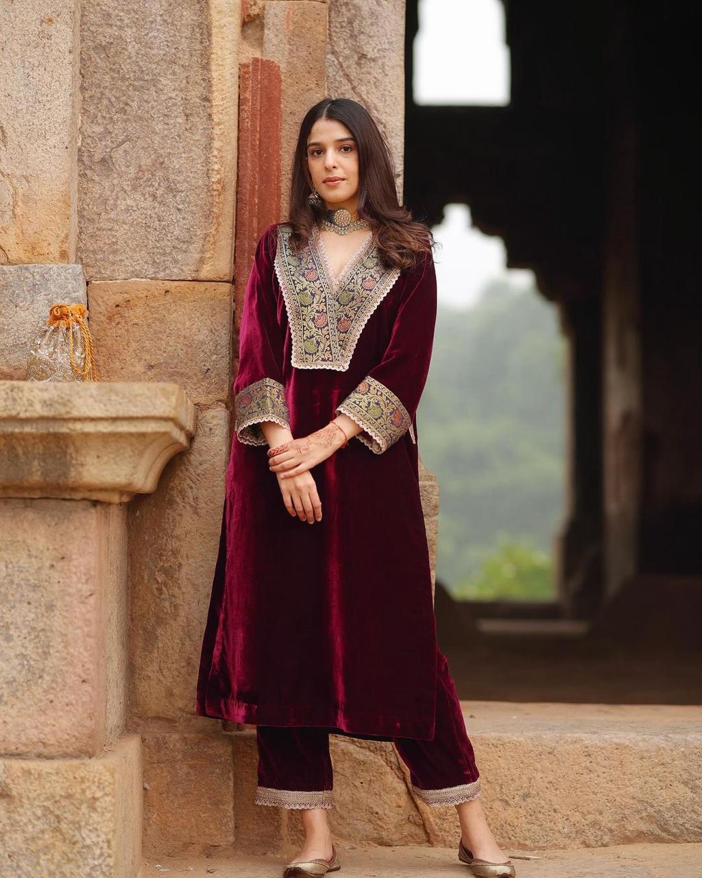 MAROON VELVET EMBROIDERY KURTI PANT SETS