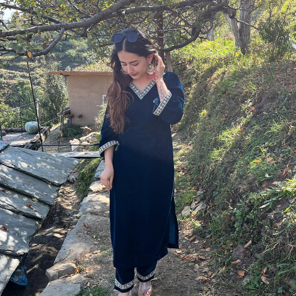 Navy Blue Velvet Lotus Co-Ord