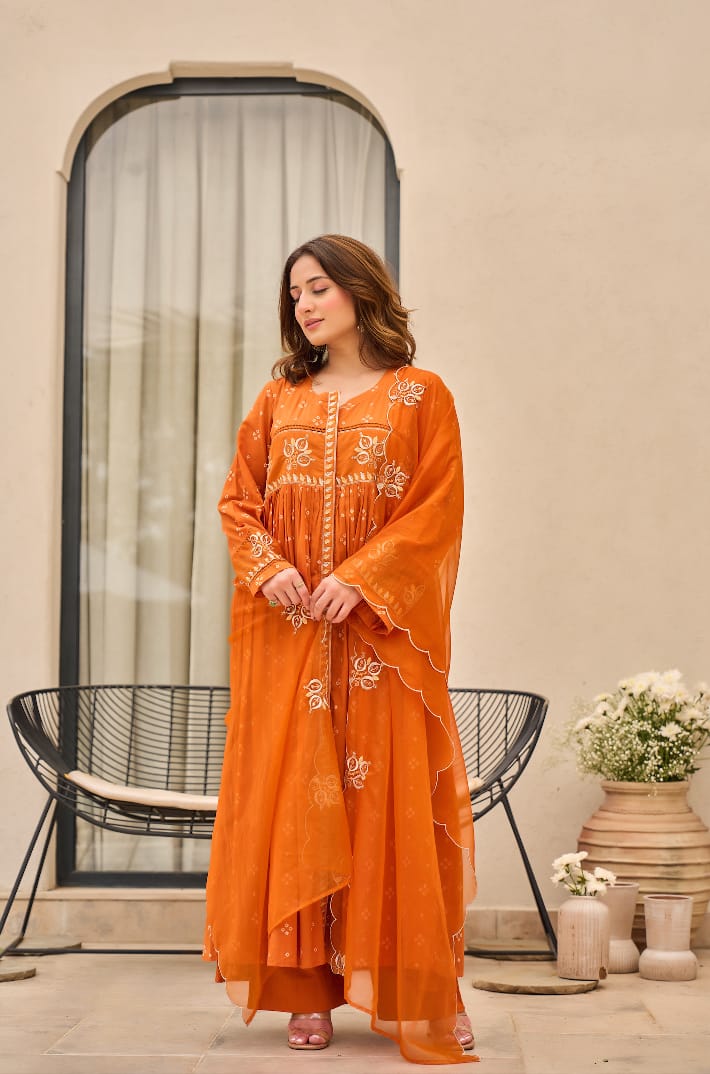 Rust Orange Bandhani Mul Cotton A Line Handwork Suit