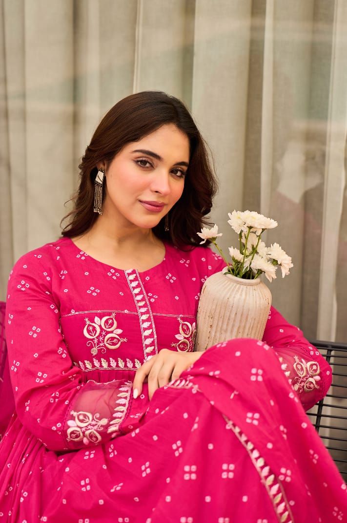 Rust Orange Bandhani Mul Cotton A Line Handwork Suit