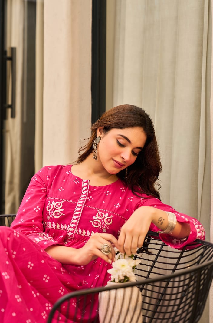 Rust Orange Bandhani Mul Cotton A Line Handwork Suit