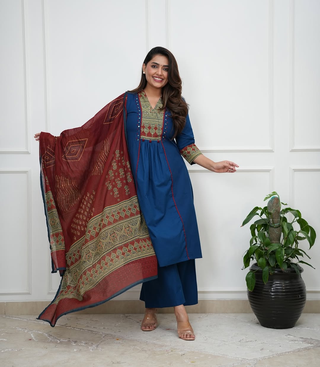 Elegant Navy Blue Ethnic Kurta Set with Printed Maroon Dupatta