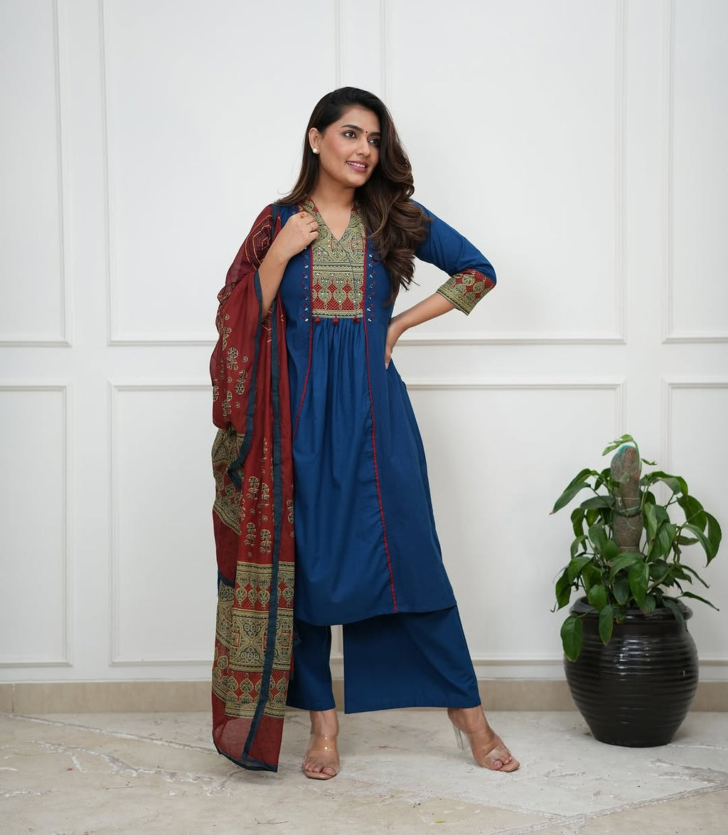 Elegant Navy Blue Ethnic Kurta Set with Printed Maroon Dupatta