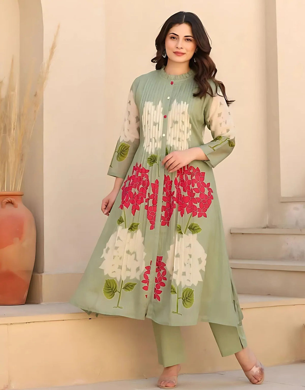 Pastel Green Floral Printed Kurta Set – Elegant A-Line Kurta with Matching Pants