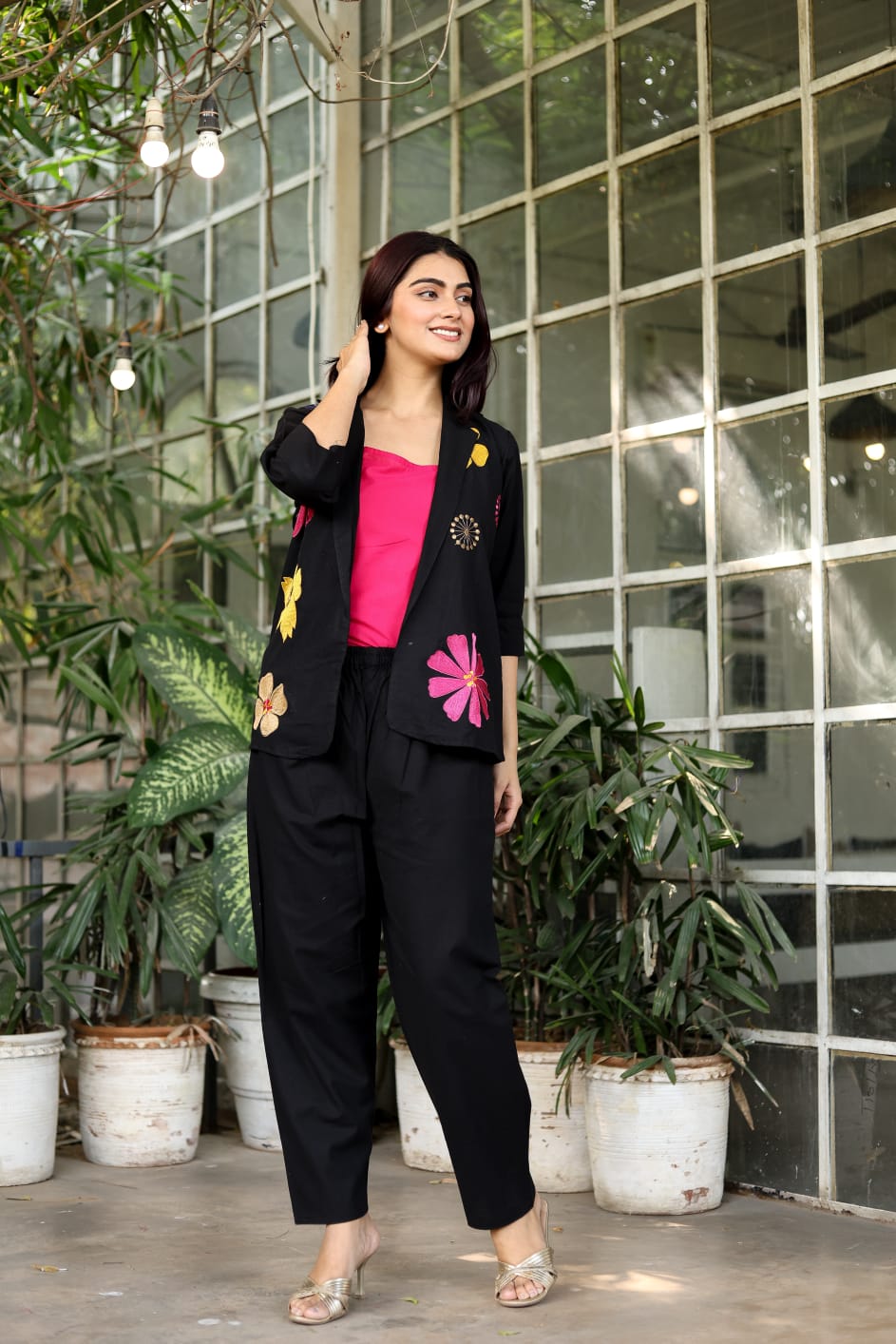 Elegant Black Floral Embroidered Co-Ord Set with Statement Jacket