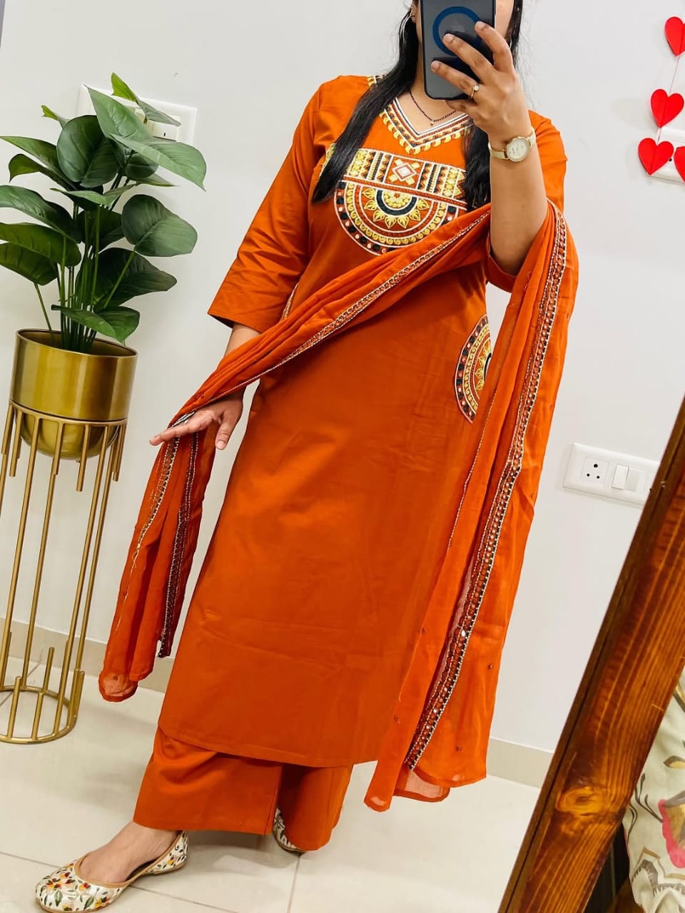 Rust Orange Embroidered Kurta Set with Dupatta