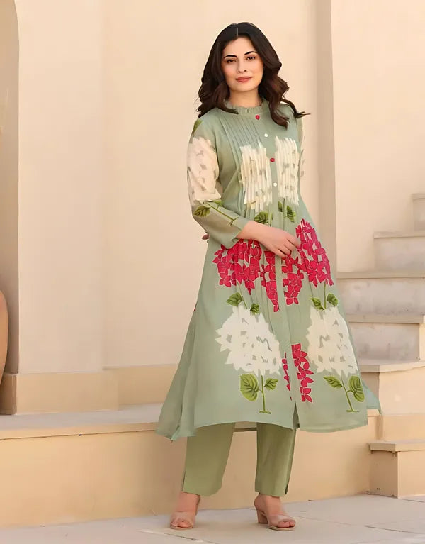 Pastel Green Floral Printed Kurta Set – Elegant A-Line Kurta with Matching Pants