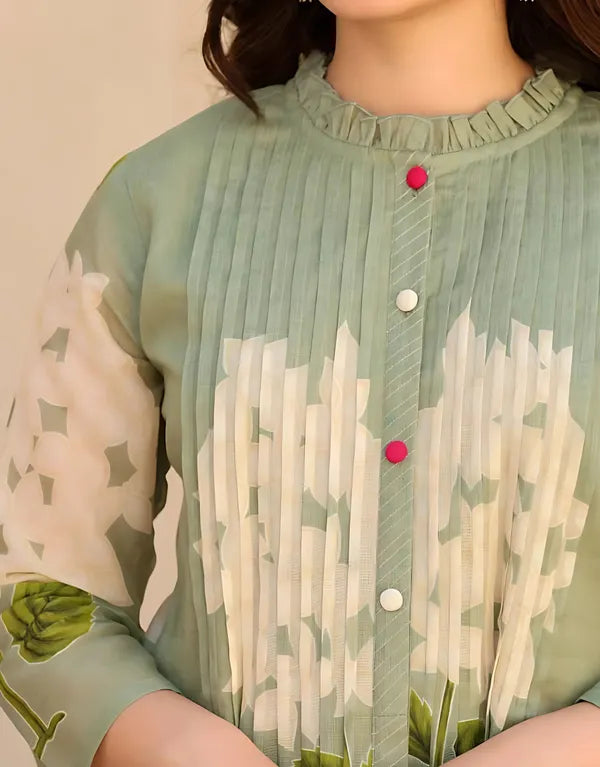 Pastel Green Floral Printed Kurta Set – Elegant A-Line Kurta with Matching Pants