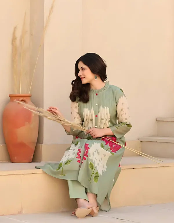 Pastel Green Floral Printed Kurta Set – Elegant A-Line Kurta with Matching Pants