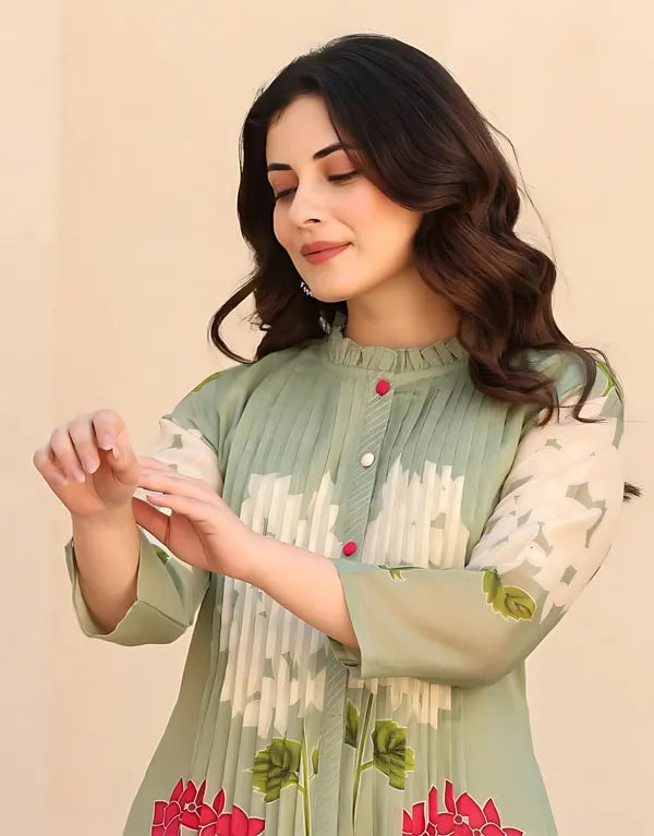 Pastel Green Floral Printed Kurta Set – Elegant A-Line Kurta with Matching Pants